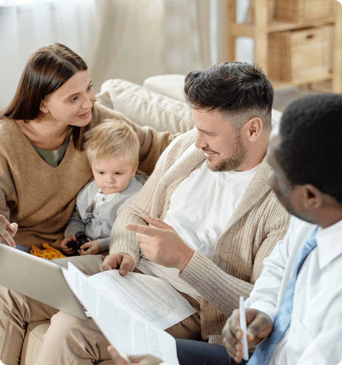 Parents and baby discussing finances